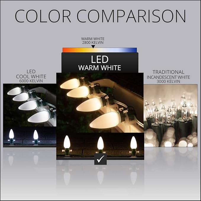Wintergreen Lighting 100 C9 OptiCore LED Commercial Outdoor Christmas Lights – Heavy Duty Christmas String Lights; Green Wire (100 ft, Warm White Smooth/Opaque)