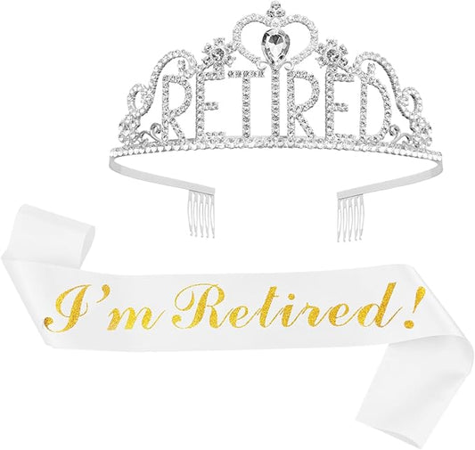 JETKONG Retirement Party Decorations Retired Tiara/Crown, Retired Sash for Women Retirement Gifts, Retirement Party Supplies, Gifts, Favors (Silver)