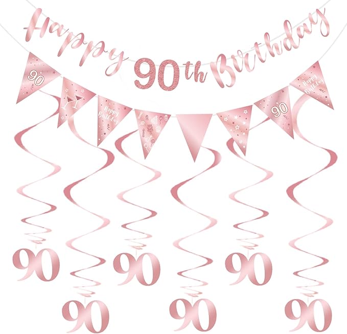 Rose Gold 90th Birthday Decoration Kit - Happy 90th Banner, Bunting, Streamers & Triangle Flag for Party Decorations