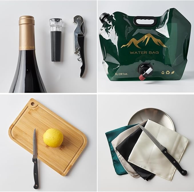 Picnic Backpack Set with Fold Table, Water Bag, Cooler Ice Box & Stainless Steel Utensils - Portable Outdoor Camping Gear for Family Picnics & Hiking (Black, A-4 Person)
