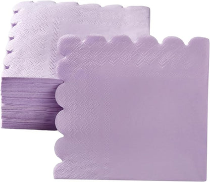 200 Pack Cocktail Napkin 2-Ply Scalloped Edged Dessert Napkins Folded 5 x 5 Inches Disposable Napkins for Dinner Wedding Birthday Party Bridal Anniversary Reception Event (Purple)