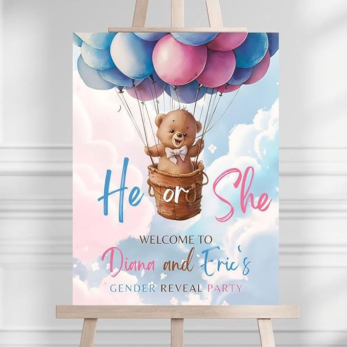 Hot Air Balloon With Bear Gender Reveal Welcome Sign, Cloud, He or She