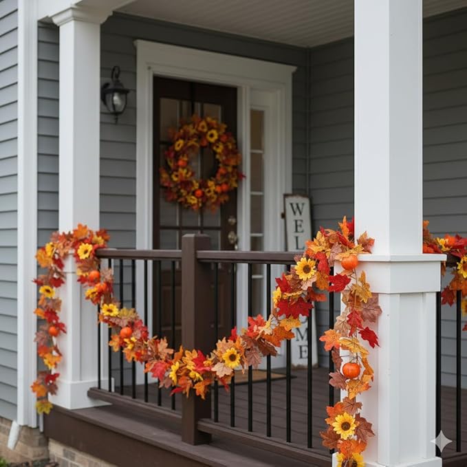 3 Pack Fall Garland for Mantle - 5.6Ft Artificial Maple Vine with Pumpkins & Sunflowers, Autumn Fall Decor for Fireplace Thanksgiving Halloween Wedding Farmhouse Indoor Outdoor Porch Decoration