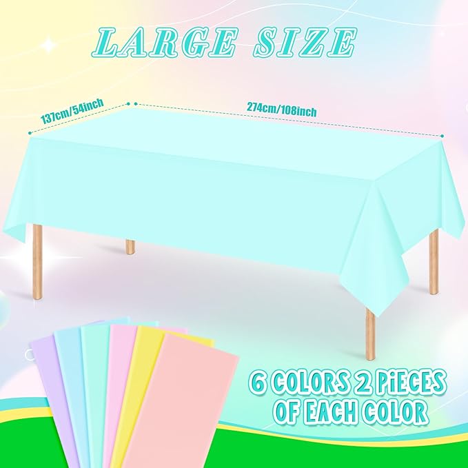 12Pcs Plastic Pastel Color Tablecloths,Assorted Color Table Cloth Disposable Rectangle Table Covers for Baby Shower, Wedding,Birthday Party,Spring Easter and Summer Party Decorations, 54 x 108 Inch