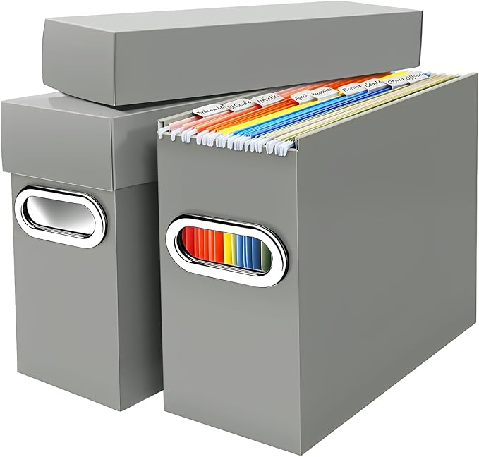 File Organizer Box with Lid & Handle, Thickened Cardboard Hanging File Folder Storage Boxes for Letter Size, Portable Filing Organizer for Office, Home, Classroom, Greige 2 Pack