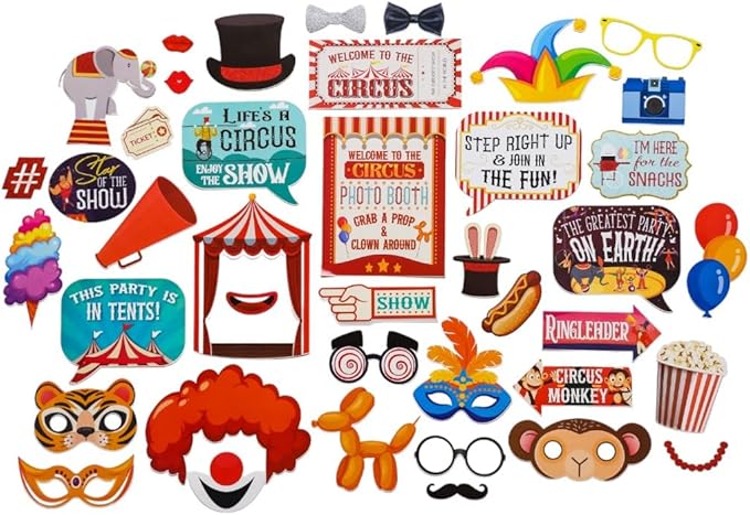 Carnival Photo Booth Props - 41-pc Photobooth Kit with 8 x 10-Inch Sign, 60 Adhesive Pads, 45 Sticks - Circus Theme Party Decorations - Carnival Backdrop