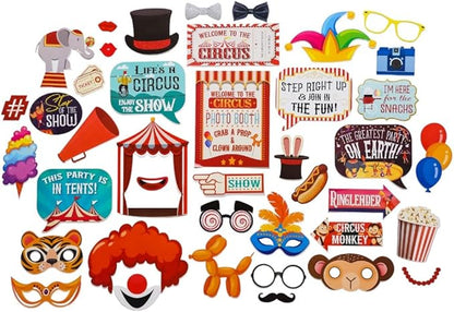 Carnival Photo Booth Props - 41-pc Photobooth Kit with 8 x 10-Inch Sign, 60 Adhesive Pads, 45 Sticks - Circus Theme Party Decorations - Carnival Backdrop