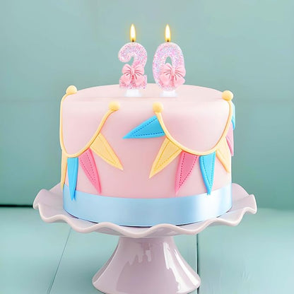 Number 20 Candle Pink Sequins and Bowtie 20th Cake Topper, 20 Birthday Candle for Girls Pastel Sweet Theme Birthday Party or Adults Milestone Age Decoration