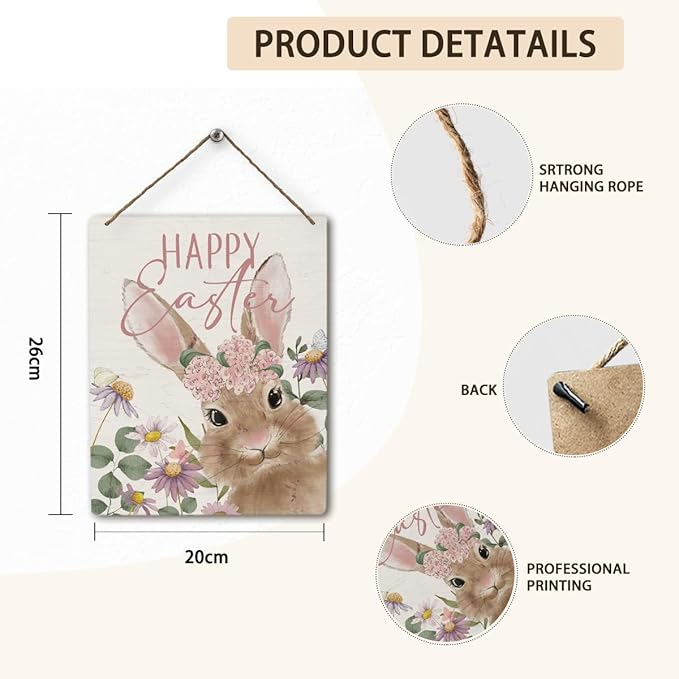 Mtrgdn Easter Decor,Decoration Happy Easter Sign Spring Bunny Rabbit Wood Wall Hanging Tags, Indoor Home Front Porch Farmhouse Decor,8×10 Inch