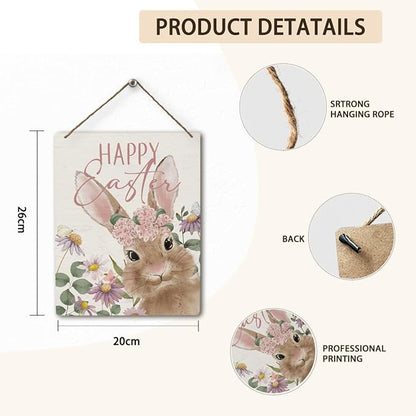 Mtrgdn Easter Decor,Decoration Happy Easter Sign Spring Bunny Rabbit Wood Wall Hanging Tags, Indoor Home Front Porch Farmhouse Decor,8×10 Inch