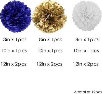 We Moment Navy Blue Gold White Paper Pom Poms Decorations for Boys Girls Birthday Graduation Decoration Ceiling Wall Hanging Tissue Flowers Decorations 12pcs,3 Colors