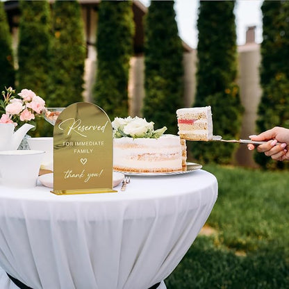 Acrylic Wedding Sign, Bridal Shower Decorations, Reserved for Immediate Family Sign for Ceremony, Modern Font Table Signs, Gold Mirror Arched Acrylic Tabletop Signs for Wedding Reception