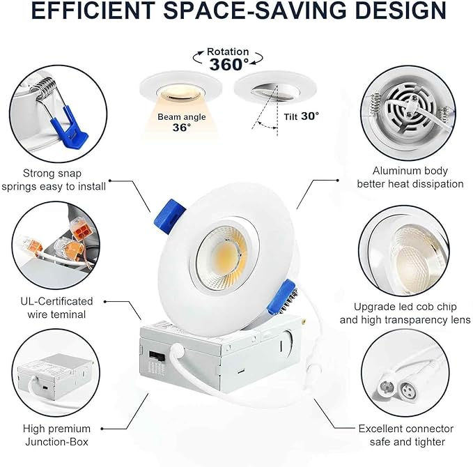 LTpro 3 Inch Gimbal Led Recessed Lights, Waterproof recessed Lights for Shower with Junction Box 10W, Recessed Ceiling LED Lights Dimmable Selectable 5 CCT 2700K-6000K, IC Rated.(4 Pack)
