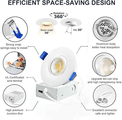 LTpro 3 Inch Gimbal Led Recessed Lights, Waterproof recessed Lights for Shower with Junction Box 10W, Recessed Ceiling LED Lights Dimmable Selectable 5 CCT 2700K-6000K, IC Rated.(4 Pack)