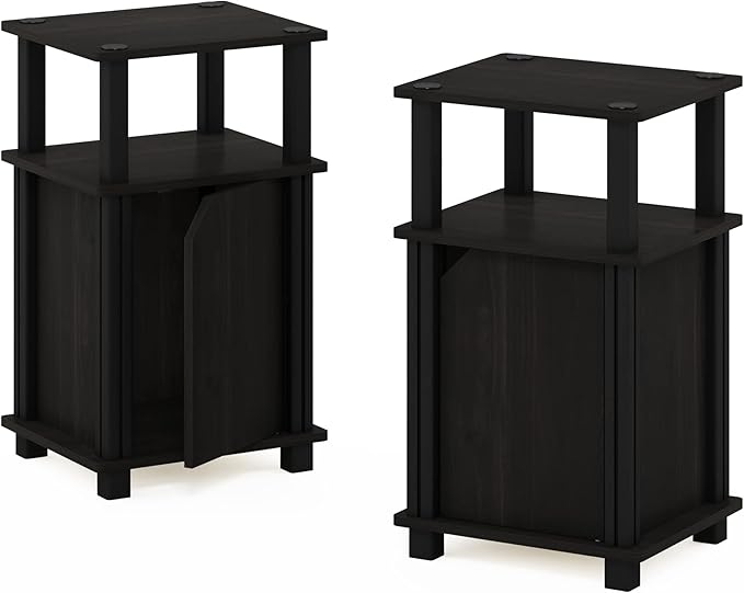 Furinno Brahms 3-Tier End Side Sofa Table/Nighstand with Door, 2-Pack, Espresso/Black