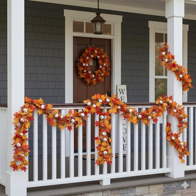 3 Pack Fall Garland for Mantle - 5.6Ft Artificial Maple Vine with Pumpkins & Sunflowers, Autumn Fall Decor for Fireplace Thanksgiving Halloween Wedding Farmhouse Indoor Outdoor Porch Decoration