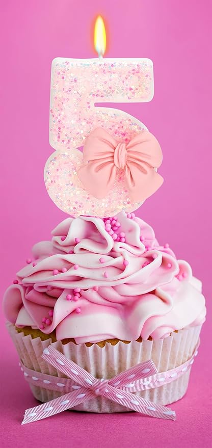 Birthday Candle for Cake, 5 Candle - Pink Glitter with Bowknot, 2.76 inch Happy Birthday Candle, Cake Topper Decoration for 5 Years Old Birthday Party (Number 5)