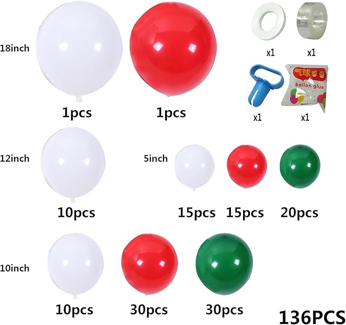 136pcs Red Green White Balloon Garland Arch Kit- 5" 10" 12" 18" Red White Green Balloon for Baby Shower Birthday Christmas Party…