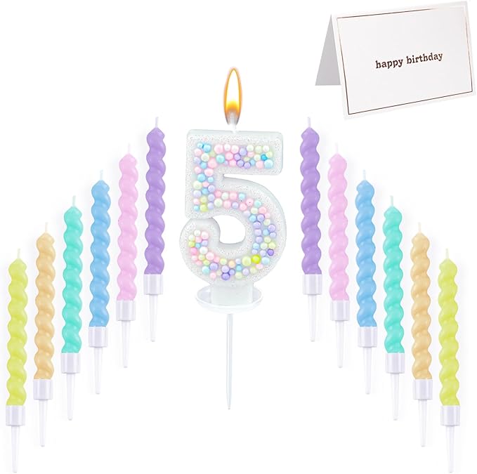 Number Birthday Candle with 12PCS Spiral Candles and A Birthday Card - Perfect for Celebrating Birthdays (Macaron Glitter, Number 5)