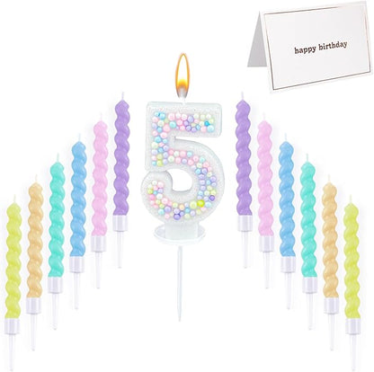 Number Birthday Candle with 12PCS Spiral Candles and A Birthday Card - Perfect for Celebrating Birthdays (Macaron Glitter, Number 5)