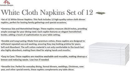Cotton Cloth White Napkins Set of 12 - with Hemstitched 18x18 Inch Decorative Beautiful Soft Reusable Washable Dinner Napkin for Dining Table Décor, Wedding, Cocktail, Party, Easter & Everyday Use