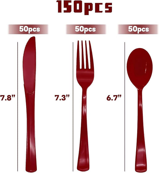 150 Pack Burgundy Plastic Cutlery, Maroon Plastic Silverware Heavy Duty, Burgund Silverware Set Disposable, 50 Forks 50 Spoons 50 Knives for Birthday Graduation Party Decor