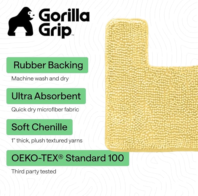 GORILLA GRIP Bath Rug Mat, Thick Soft Absorbent Chenille, Rubber Backing Quick Dry Microfiber Mats, Machine Washable Rugs for Shower Floor, Bathroom Runner Bathmat Accessories Décor, Contour, Yellow