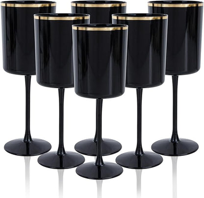 Ciaell 12 Pack 10 OZ Black Plastic Wine Glasses with Stem - Black and Gold Disposable Wine Glasses Perfect for Parties & Weddings & Toasting & Outdoors & Camping & New Year
