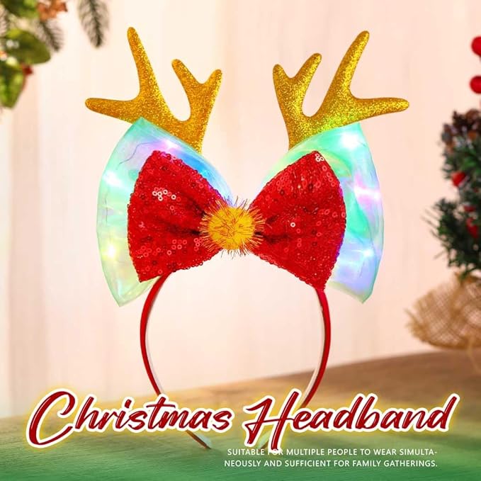 Zoestar Light Up Christmas Headband Led Reindeer Antlers Headpiece Glowing Bow Hair Band Party Hair Accessories for Women