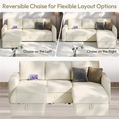 Yaheetech Sectional Sofa L-Shaped Sofa Couch Bed w/Chaise & USB, Reversible Couch Sleeper w/Pull Out Bed & Storage Space Living Room Beige