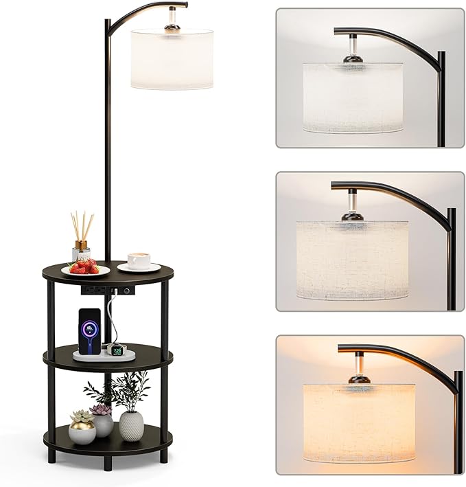 Round Side Table with Lamp and USB Ports, 3-Tier Small End Table for Living Room & Bedroom, Rustic Wood Metal Nightstand for Small Spaces, Easy to Assemble, Charcoal Wenge
