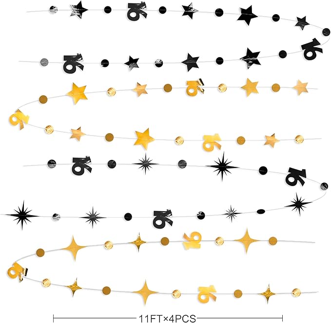 Black Gold 16th Birthday Decorations Number 16 Circle Dot Twinkle Star Garland Streamer Banner Backdrop for Girls Boys Happy 16th Birthday Sweet Sixteen Anniversary Cheers to 16 Years Party Decor