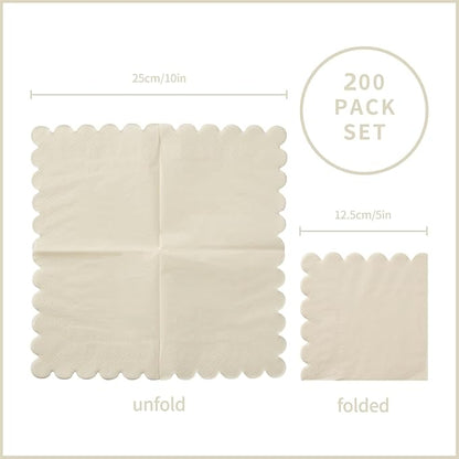 200 Pack Cocktail Napkin 2-Ply Scalloped Edged Dessert Napkins Folded 5 x 5 Inches Disposable Napkins for Dinner Wedding Birthday Party Bridal Anniversary Reception Event (Milky-White)