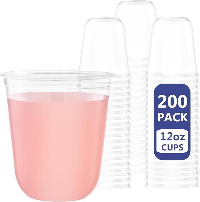 WELLIFE 12 oz Clear Plastic Cups, 200 Pcs Disposable Wine Glasses Stemless Cocktail Punch Cups for Cold Drinking Party Supplies, Halloween Weddings Birthdays