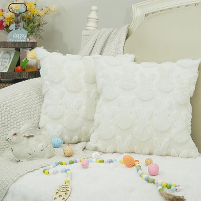 GEEORY Easter Bunny Soft Plush Pillow Covers, 16 x 16 Inch Set of 2, Fluffy Faux Fur Wool Decorative Farmhouse Cushion Case for Sofa Home Decoration Beige GC013-16