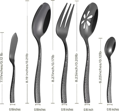 Stainless Steel Silverware Serving Set Hammered Black Mirror Finished 5 Piece Serving Utensil Set Flatware Set