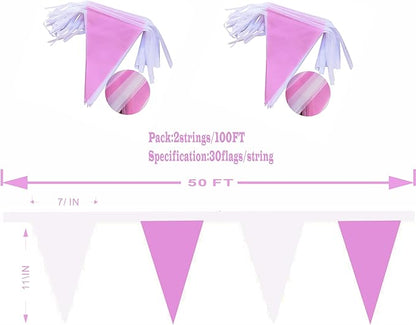100Ft Pink and White Pennant Banner Flags String Fabric Triangle Bunting Flag,Party Decorations for Wedding,Kids Birthday,Home Outdoor Garden Hanging Festivals Decoration,60 Pcs