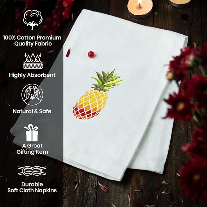 Pineapple Embroidered Cotton Dinner Napkins - 18x18 in Washable, Absorbent Reusable Napkins - Spring Easter Basket Decor - Pack of 6