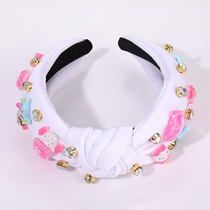 Knotted Headband for Women Lollipop Candy Charms Crystal Jeweled Embellished Top Knot Hairband Statement Wide Turban Hair Hoop Funny Gifts for Girls Sister Birthday Xmas Holiday Party