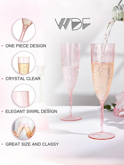 WDF 36PCS Pink Champagne Flutes Plastic - 6OZ Pink Disposable Champagne Flutes Party Supplies for Wedding/Birthday/Parties