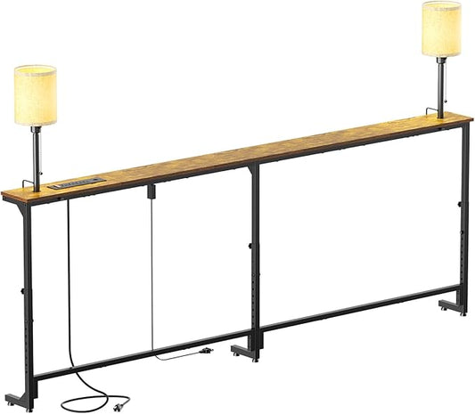 keomaisyto 78.8" Long Sofa Table with Lights & Charging Station - 4 AC outlets, 22"-32" Height Adjustable Behind Couch Console Table, Narrow Console Table, Slim Design for Living Room, Rustic Brown