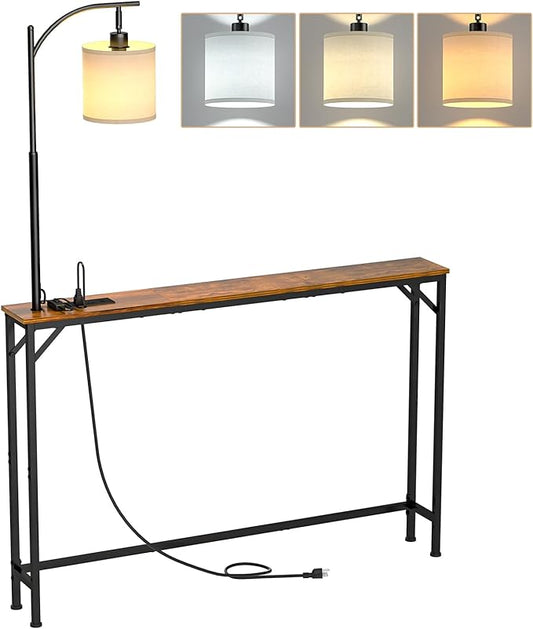 keomaisyto Skinny Console Table with Outlet, Narrow Sofa Table with 3-Color Light, Behind Couch Table with 3 Color Temperatures Led Bulb for Living Room, Bedroom, Entryway, Hallway