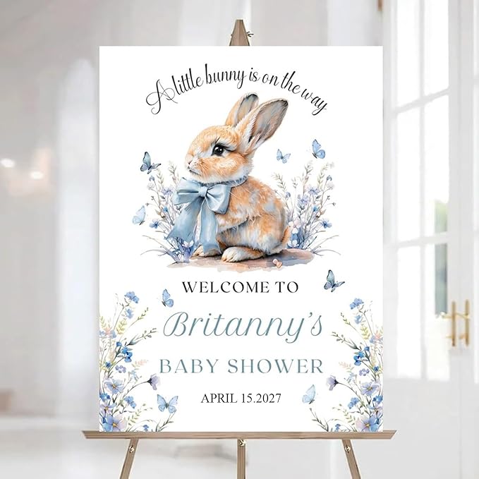 Personalized Bunny Rabbit Baby Shower Welcome Sign for Girl, Pink Peter Rabbit Theme, Greenery Bunny baby shower sign, Gift for Boys & Girls, Gender Reveal Decor, Birthday Party Favors (Style 4)