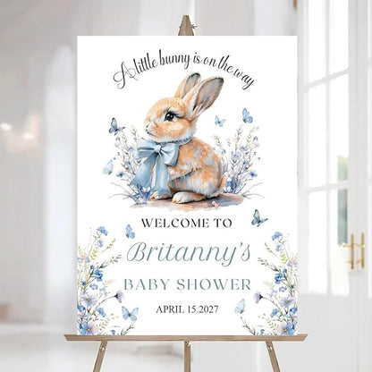 Personalized Bunny Rabbit Baby Shower Welcome Sign for Girl, Pink Peter Rabbit Theme, Greenery Bunny baby shower sign, Gift for Boys & Girls, Gender Reveal Decor, Birthday Party Favors (Style 4)