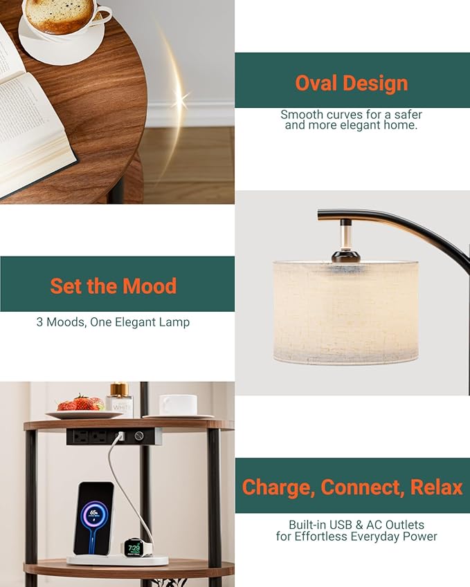 Round Side Table with Lamp and USB Ports, 3-Tier Small End Table for Living Room & Bedroom, Rustic Wood Metal Nightstand for Small Spaces, Easy to Assemble, Rustic Walnut