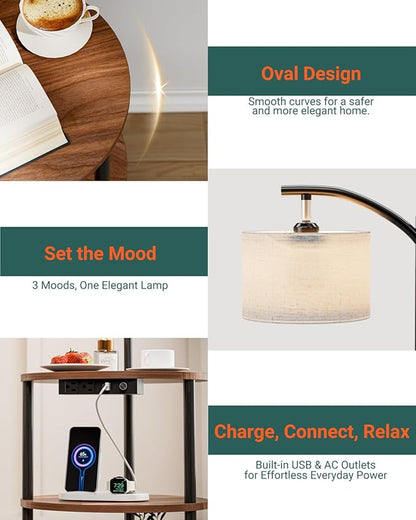 Round Side Table with Lamp and USB Ports, 3-Tier Small End Table for Living Room & Bedroom, Rustic Wood Metal Nightstand for Small Spaces, Easy to Assemble, Rustic Walnut