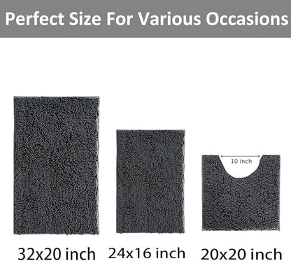 Bathroom Rugs Set Non Slip 3 Piece Bath Mat Washable Chenille Bath Rugs with PVC Backing Bath Carpet,Absorbent Bathroom Mats with Toilet Rug,Bath Mats for Bathroom,Bedroom, Kitchen,Tub,Home Decor