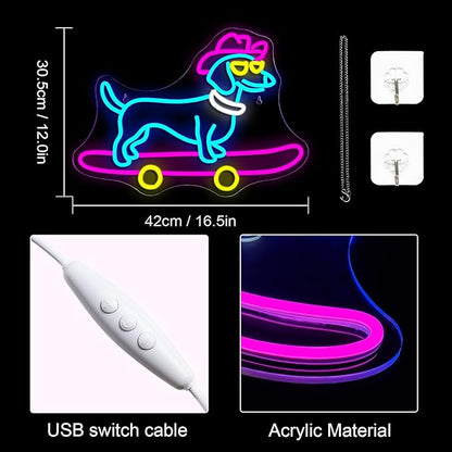 Lucunstar Dachshund Neon Sign Skateboard Dog Neon Light up Sign USB Adjustable Neon Lights Art Wall Decor LED Sign for Bedroom Shop Pet Lovers Gift