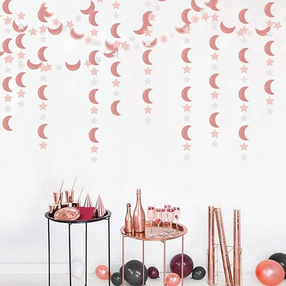 Pink Rose-Gold Moon-Star Party-Decorations Garland - 52Ft Twinkle Little Star Hanging Decoration Streamers Banner, Eid Ramadan Mubarak Decoration Birthday Wedding Baby Shower Party Decor Panduola