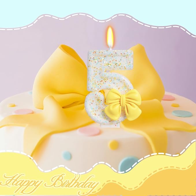 Birthday Candle for Cake, Yellow Bow Cake Candles, Cake Topper Decoration for Birthday Party (Number 5)